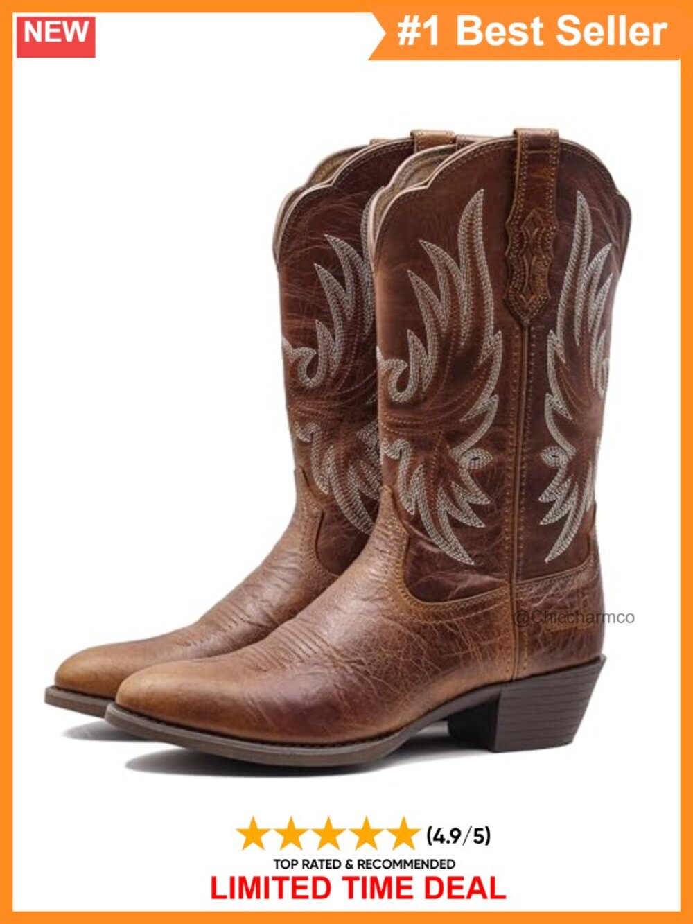 Pointed Toe Western Cowboy Boots Full Grain Leather Mid Calf Pull On